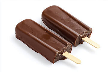 Obraz premium Selective focus intense chocolate popsicle isolated on white background, Close up shot chocolate popsicle stick on white.