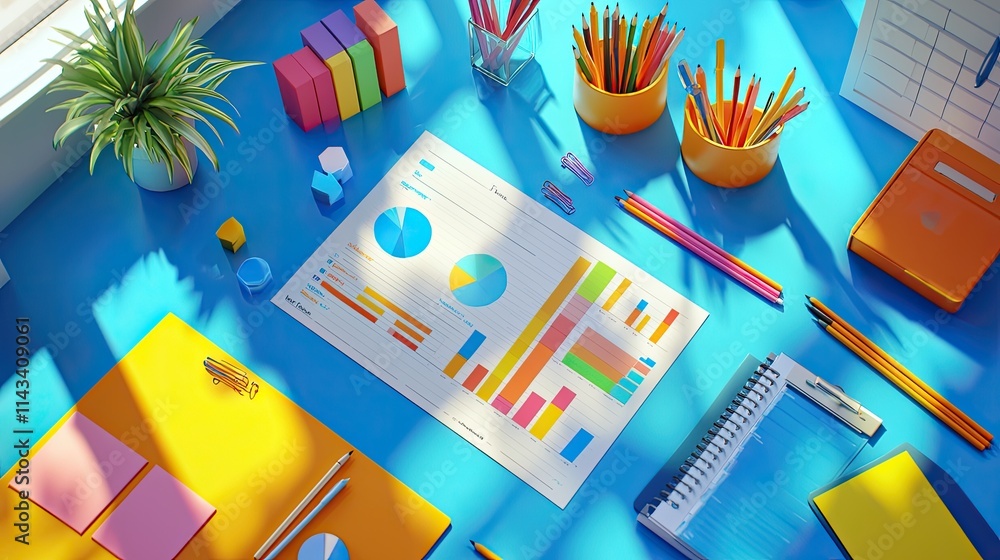 Aufkleber An overhead view of a workspace showing charts and graphs about tax efficiencies, with colorful stationery adding vibrancy to the detailed planning process.