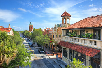 Obraz premium A picturesque street scene featuring buildings, palm trees, and a clear blue sky.