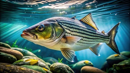 Naklejka premium Underwater Striped Bass Close-up: Documentary Photography of Fish, Aquatic Life, Marine Wildlife