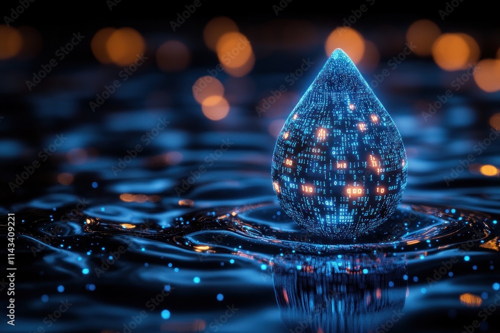 Poster Blue Water Drop with Binary Code for Artificial Intelligence in Environmental Monitoring Resource Management