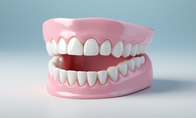 Obraz premium Perfect Smile, Dental Model: A close-up shot of a pristine dental model showcasing healthy, bright white teeth set against a soft blue background. Ideal for dental practices, health publications.
