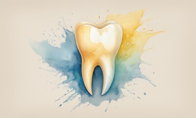 Radiant Smile: A gleaming, healthy tooth shines brightly against a vibrant watercolor backdrop, symbolizing oral health and a confident smile.  