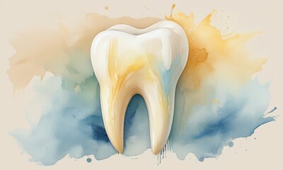 Tooth Watercolor Illustration: A close-up, detailed illustration of a tooth against a delicate watercolor background. The vibrant blue and yellow hues create a sense of freshness and cleanliness.