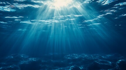 Fototapeta premium Sunlight beams underwater. Concept of marine life, ocean depths, and underwater world.