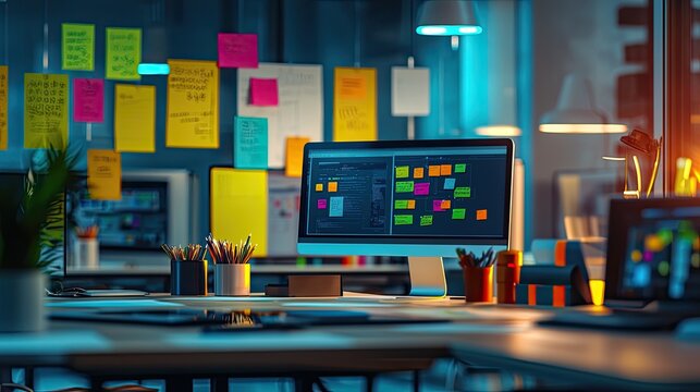 A vibrant workspace filled with colorful sticky notes and digital screens showcasing interactive design prototypes, illuminated by soft natural light.