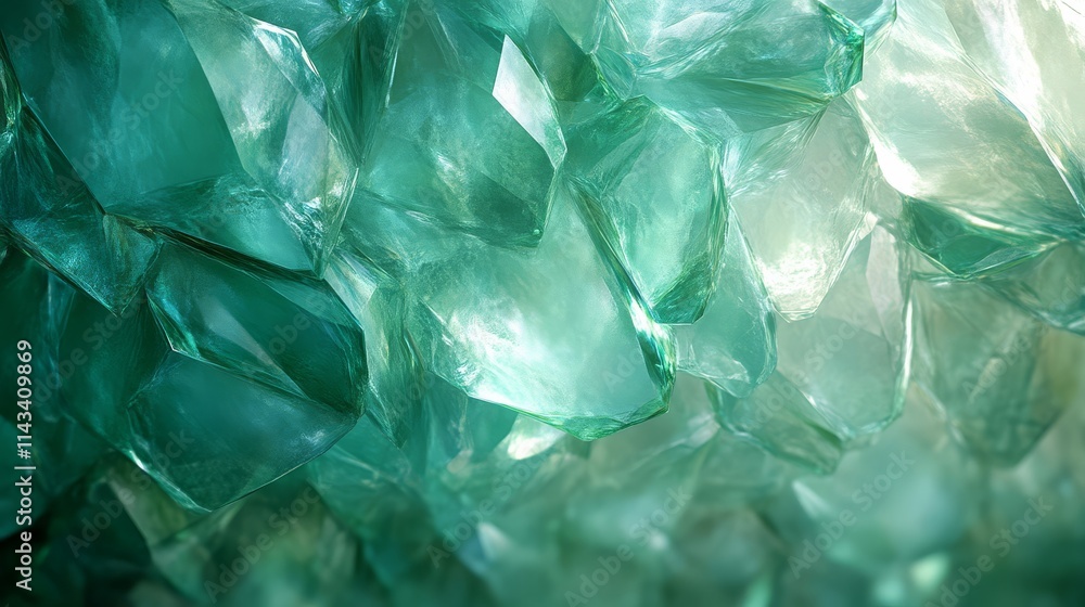 Poster a close-up of shimmering green crystals, showcasing their intricate shapes and translucent qualities