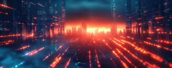 Fototapeta premium Futuristic Cityscape Night Digital Background for AI Data Transmission and Cybersecurity with Neon Lights and Flowing Lines