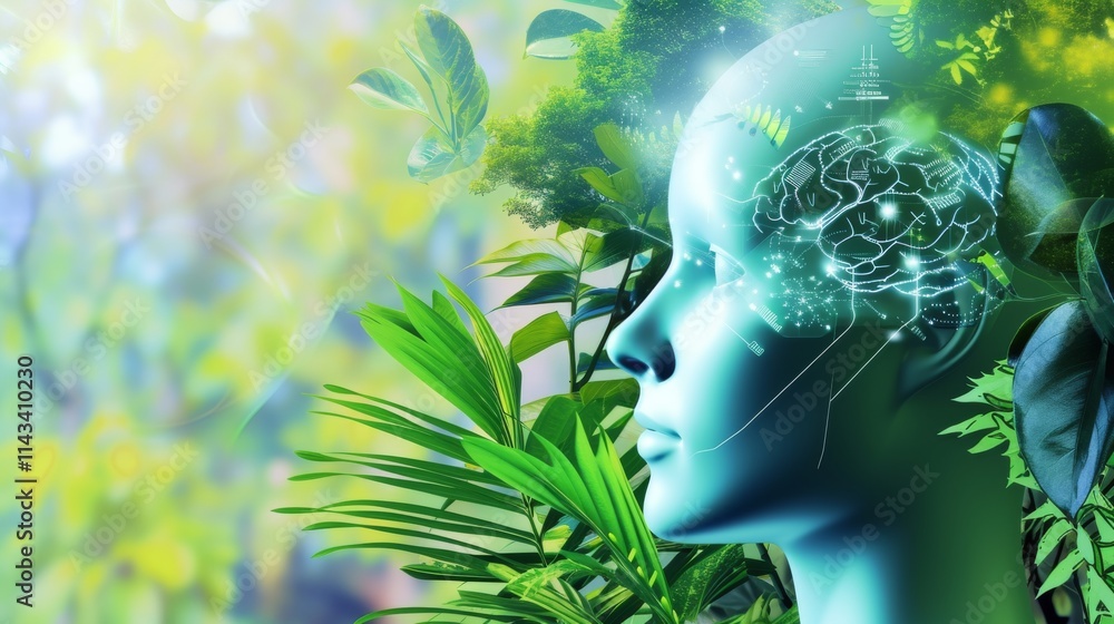 Poster conceptual illustration blending artificial intelligence with natural elements. features a human hea