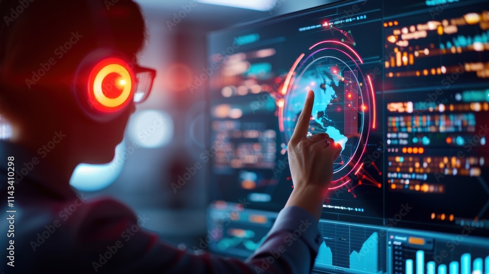 Poster a person interacts with a digital interface, showcasing global data visualization and technology, hi