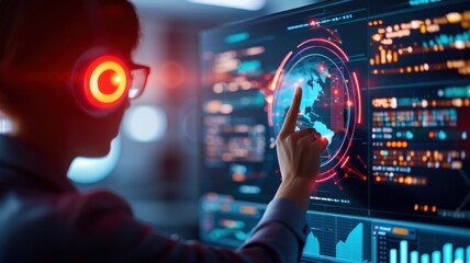 A person interacts with a digital interface, showcasing global data visualization and technology, highlighted by a futuristic headset.