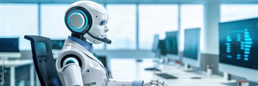 Poster a humanoid robot with headphones sits at a computer desk, engaged in tasks within a modern office en
