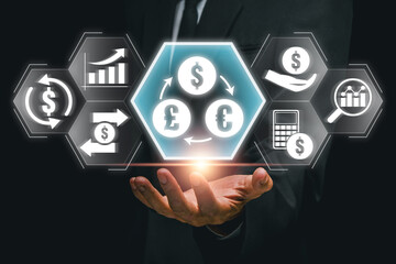 Visual representation of forex trading with currency symbols and financial icons, illustrating global financial markets.