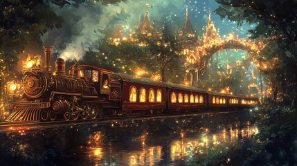 Fototapeta premium Magical train journey through enchanted forest at night.