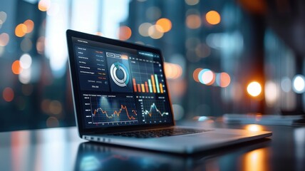 A sleek laptop displays vivid data analytics charts and graphs, set against a blurred city skyline with glowing lights.