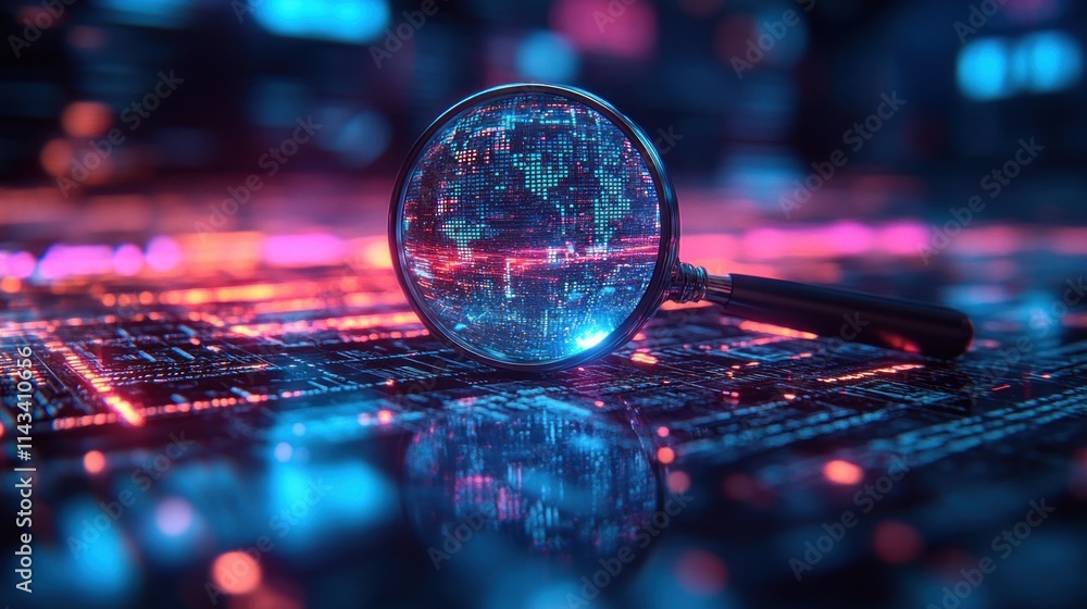 Poster it security risk assessment magnifying glass document analysis in cyberpunk atmosphere with neon lig