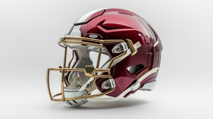 Fototapeta premium A high-resolution image of a football helmet on a plain white background, showing a detailed view of the helmet faceguard, chin strap, and ventilation system.