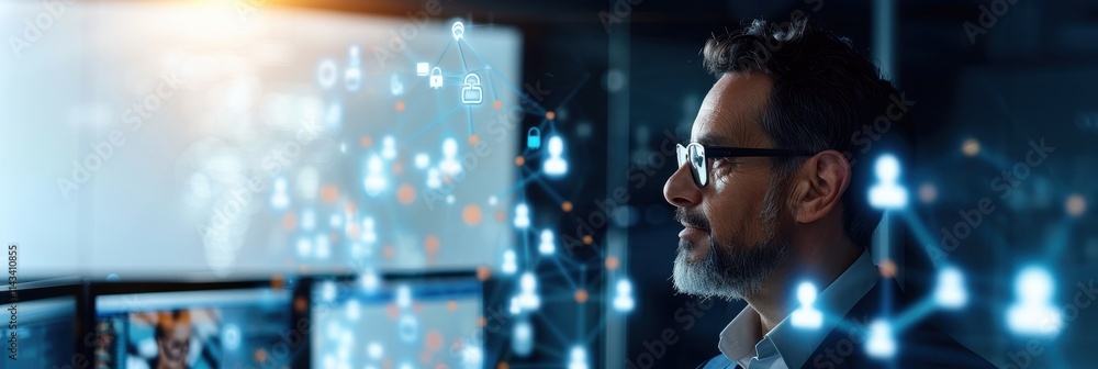 Poster a focused professional observes digital screens displaying data, surrounded by glowing network conne