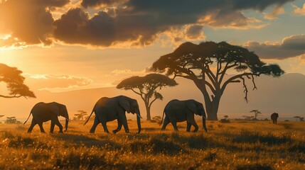 Fototapeta premium Majestic Elephants at Sunset in African Landscape