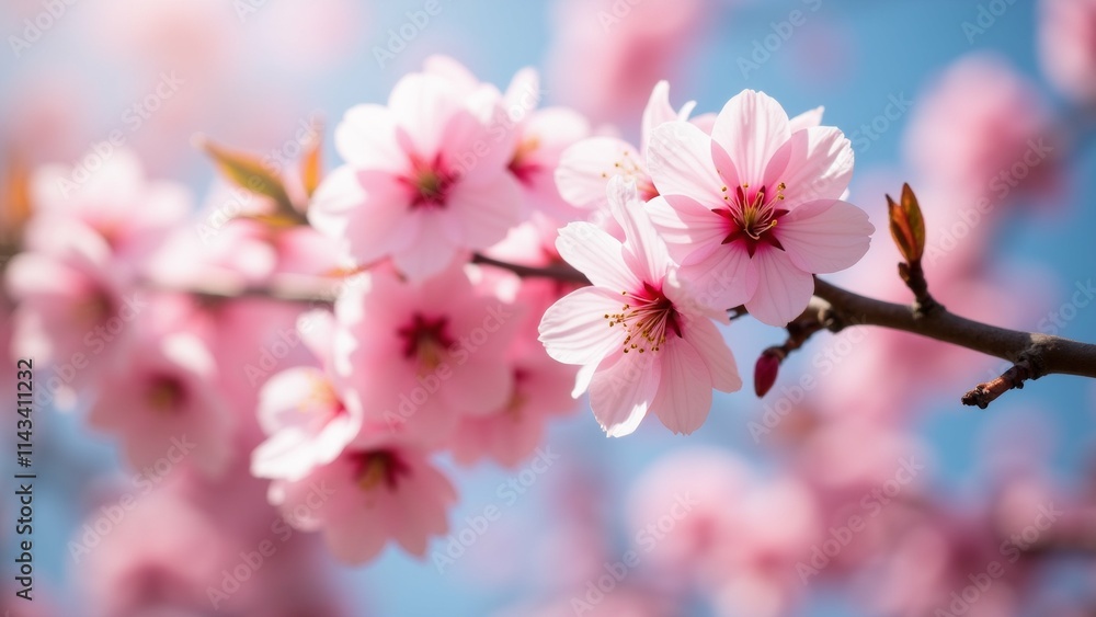 Poster the image is a close-up of a branch of a tree with pink flowers. the flowers are in full bloom and h