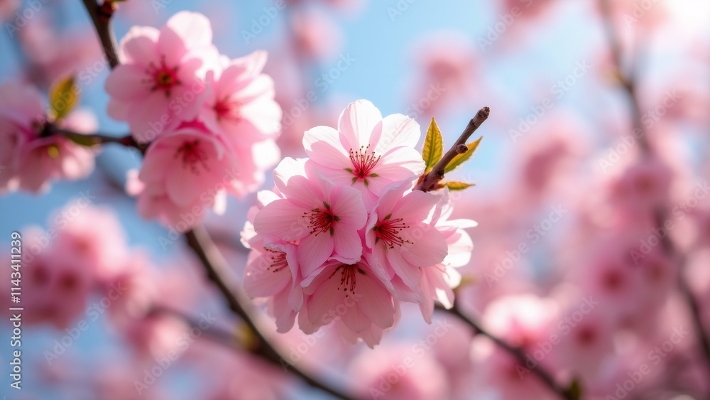 Poster the image is a close-up of a branch of a tree with pink flowers. the flowers are in full bloom and h