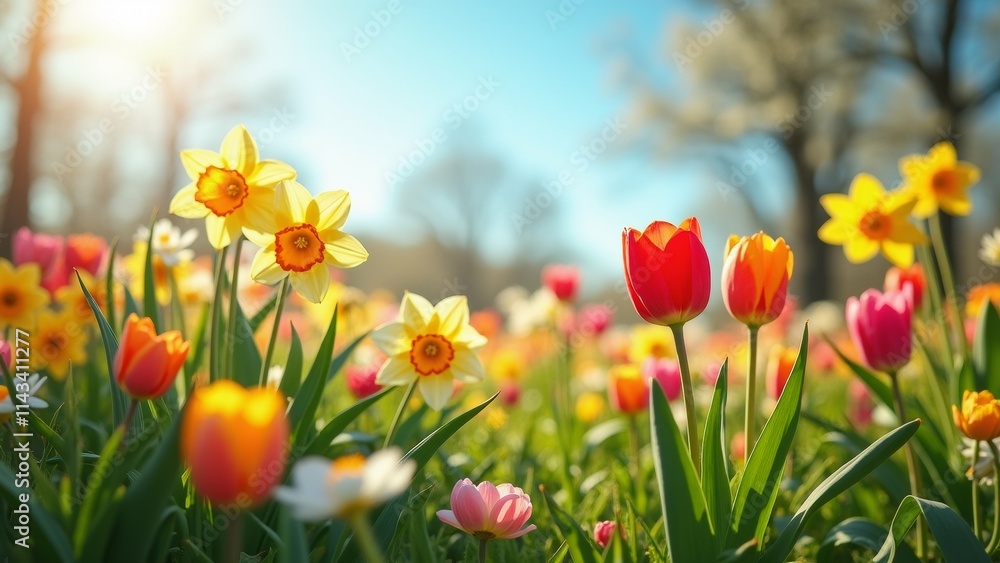 Poster the image is a close-up of a field of colorful tulips and daffodils. the tulips are in various shade