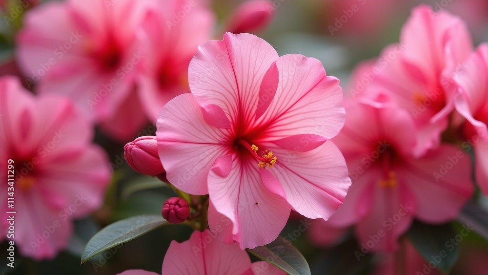 Poster the image is a close-up of a group of pink flowers. the flowers are in full bloom and have multiple 