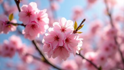Naklejka premium The image is a close-up of a branch of a tree with pink flowers. The flowers are in full bloom and have multiple layers of petals that are a soft pink color.