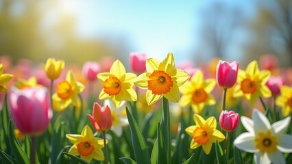 The image is a close-up of a field of colorful tulips and daffodils. The background is blurred, but it appears to be a sunny day with a blue sky and trees in the distance.