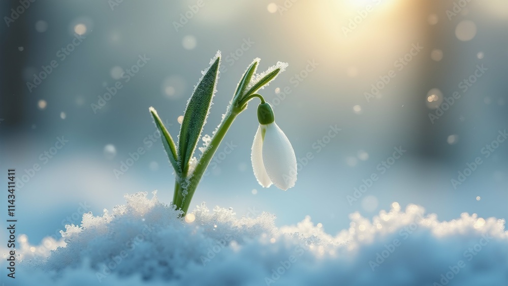 Poster the image is a close-up of a single snowdrop flower with its stem and leaves covered in snow.
