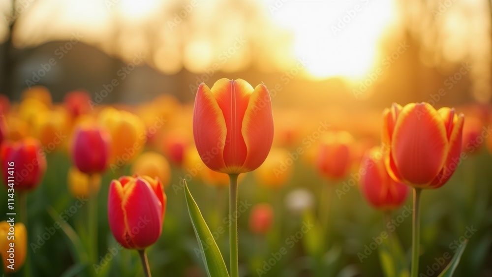 Aufkleber the image is a close-up of a single orange tulip in the center of a field of other red and yellow tu