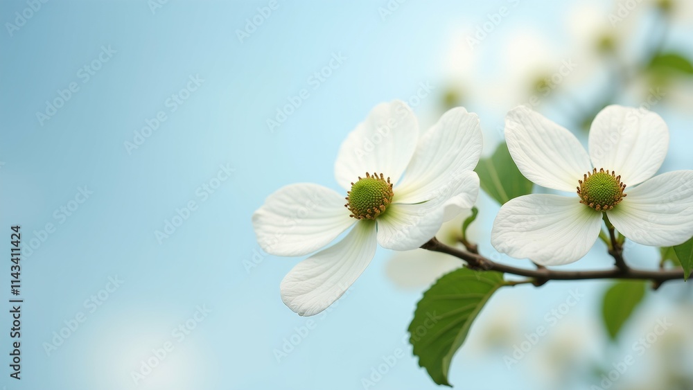 Poster the image is a close-up of two white flowers on a tree branch. the flowers have five petals each wit