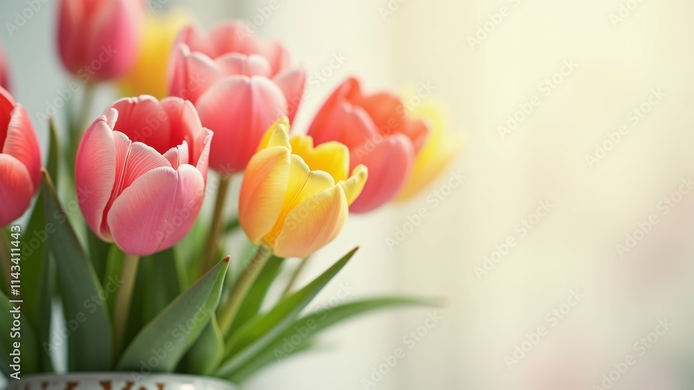 Poster the image is a close-up of a vase filled with colorful tulips. the tulips are in various shades of p