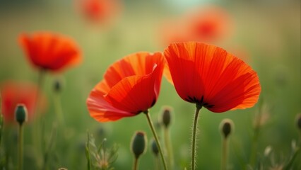 Naklejka premium The image is a close-up of two red poppies in a field. The flowers are in full bloom, with their petals open wide and their vibrant red color standing out against the green foliage.