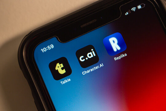 Mexico City, MEXICO - Dec 10 2024 : Talkie, Character.AI and Replika app icons are displayed on an iPhone screen.　Concept of AI-powered conversational apps and services related to virtual characters.