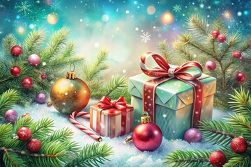 Watercolor Christmas Gift Boxes, Festive Decorations, Holiday Landscape Photography