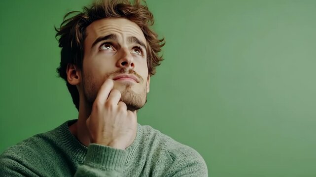 Young Man with Pensive Expression Brainstorming on Green Background, Concept Thinking