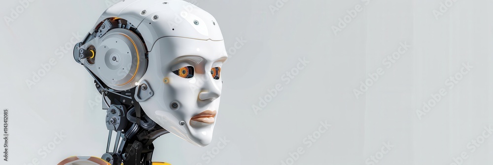Poster a close-up of a humanoid robot's head showcasing a blend of mechanical and synthetic features, empha