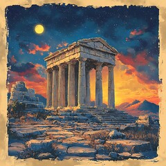 Fototapeta premium Ancient Greek Temple at Sunset A Digital Painting of Classical Architecture Under a Starry Sky.