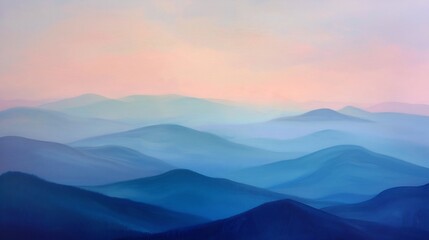 Serene Blue Mountain Landscape at Dawn: A breathtaking vista of rolling hills bathed in the soft, pastel hues of sunrise. The misty atmosphere creates a sense of depth and tranquility.