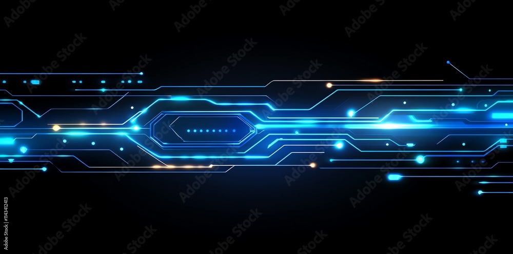 Poster Abstract digital circuit design with glowing blue lines and nodes on a dark background.