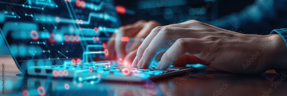 Poster a close-up of hands typing on a keyboard with holographic data displays in the background, illustrat