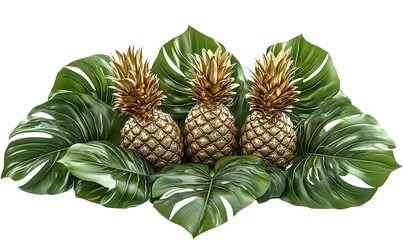 Fototapeta premium Three golden pineapples on monstera leaves, isolated.