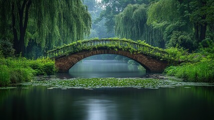 Stone arch bridge, vine-covered, tranquil pond.