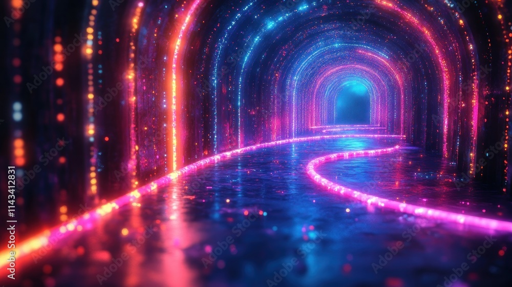 Aufkleber neon lights digital art with circular patterns and reflections in cyberpunk aesthetics