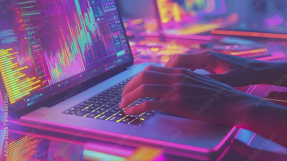 Poster a close-up of hands typing on a laptop, with vibrant graphs displayed on the screen, surrounded by g