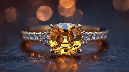 A stunning yellow gemstone ring elegantly crafted with sparkling diamonds, set against a blurred bokeh background, highlighting its brilliance.