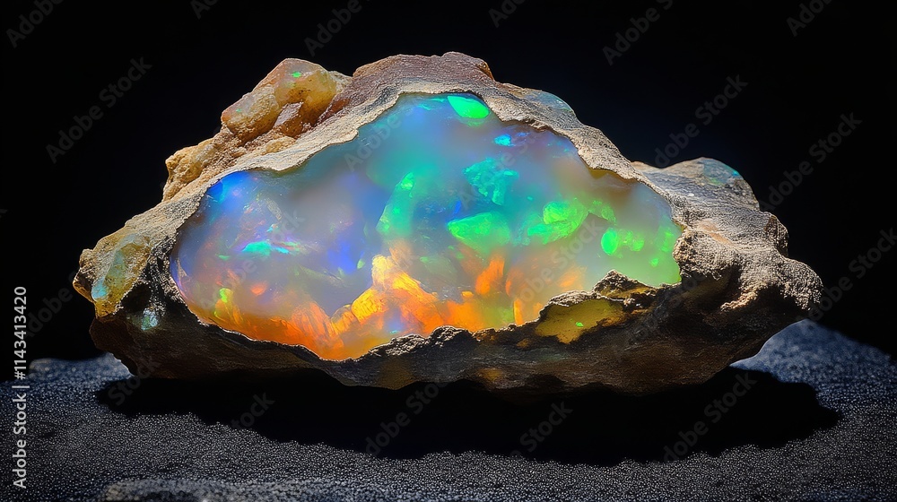 Poster a vibrant opal crystal displaying a stunning array of colorful reflections, set against a dark backg