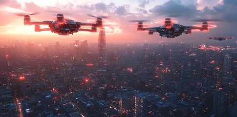 Drones flying over a futuristic cityscape at sunset, showcasing technology and urban life.