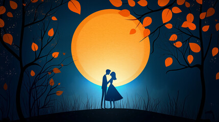 A silhouette of a couple kissing under a glowing full moon.